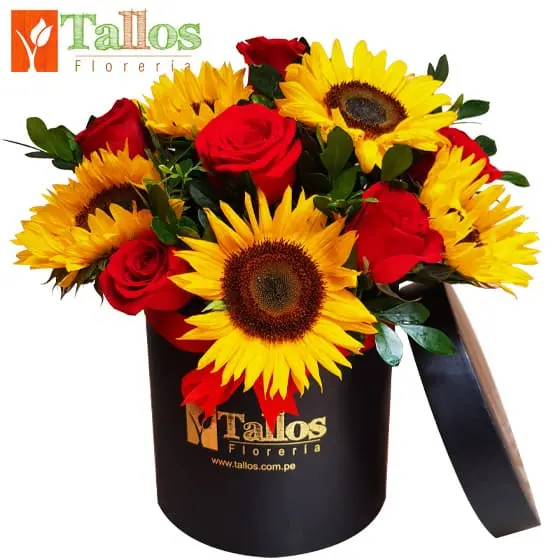 girasoles y rosas en box para regalo especial delivery de flores hoy en Lima