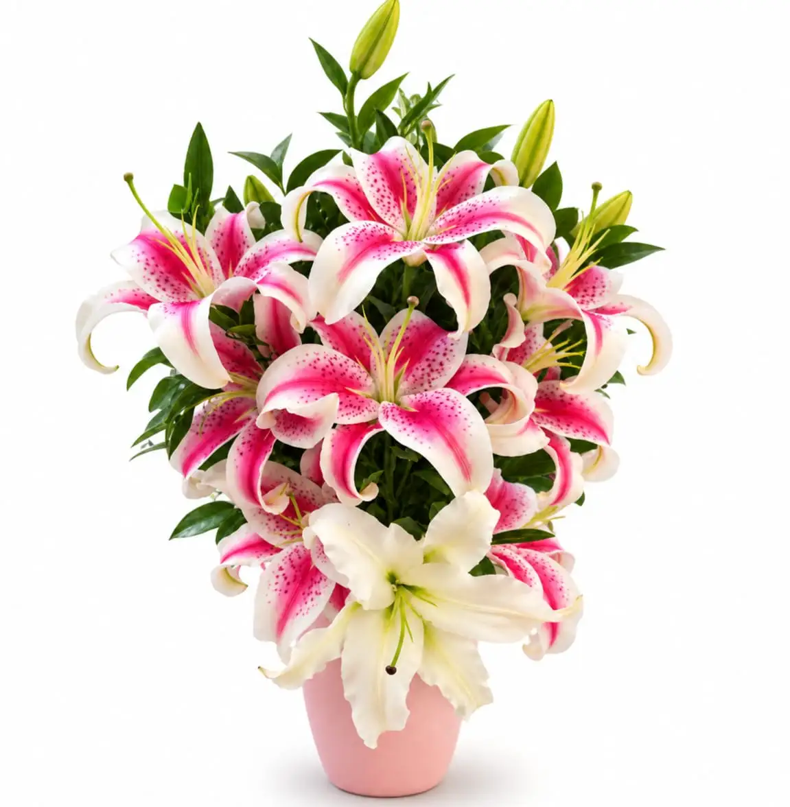 Arreglo floral con lirios rosados en florero de cerámica color rosado ideal para regalo elegante por cumpleaños o cualquier ocasión con delivery en Lima