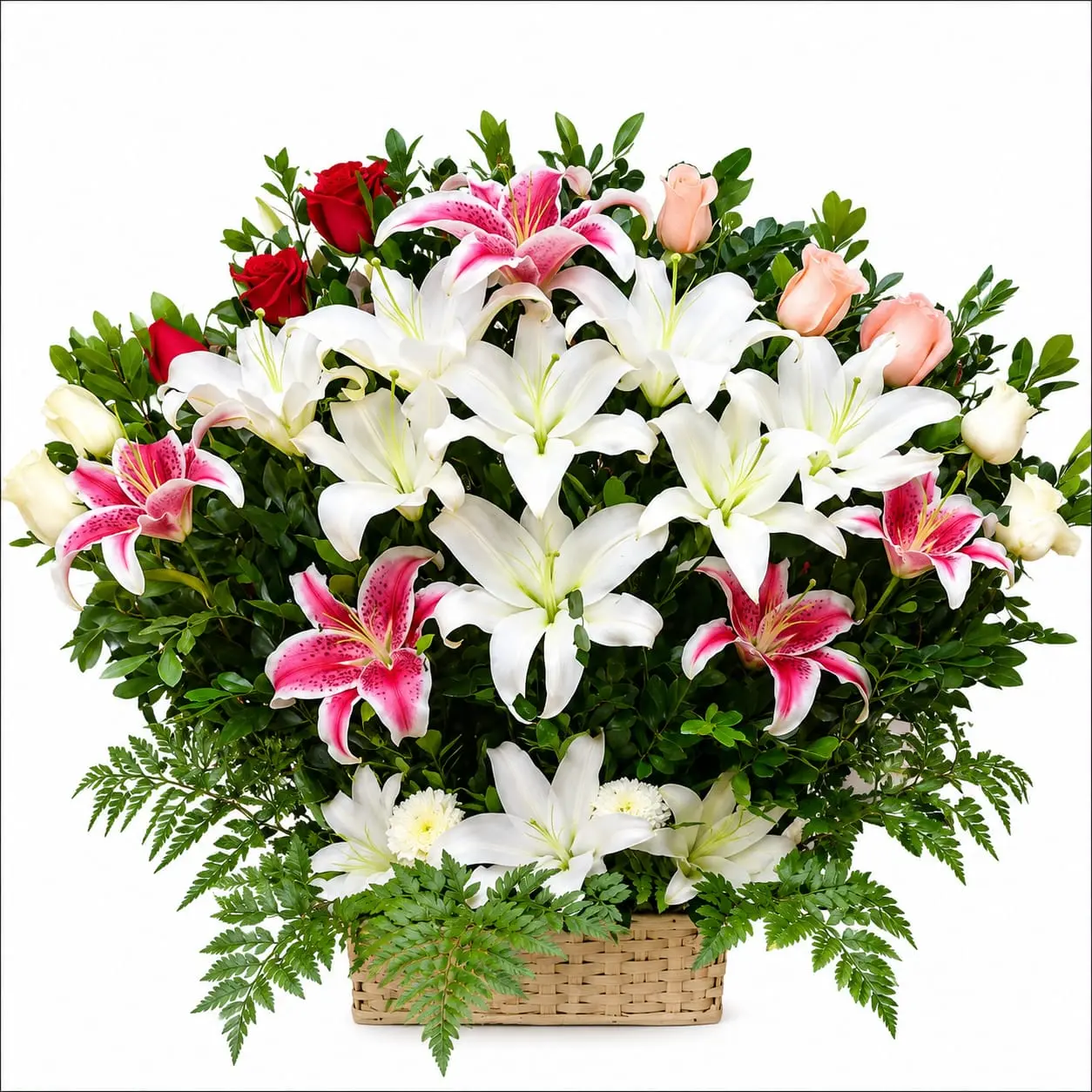 arreglo floral en canasta con lirios y rosas para regalo con entrega en Lima