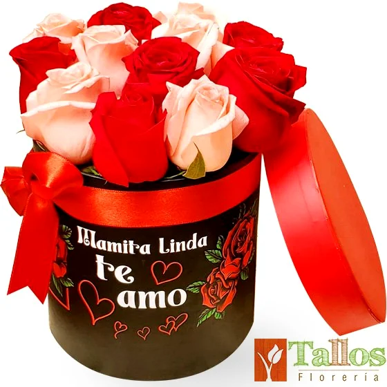 Arreglo floral en box con rosas rojas y rosadas para mamá elegante regalo especial ideal para el Día de la Madre con entrega a domicilio en Lima