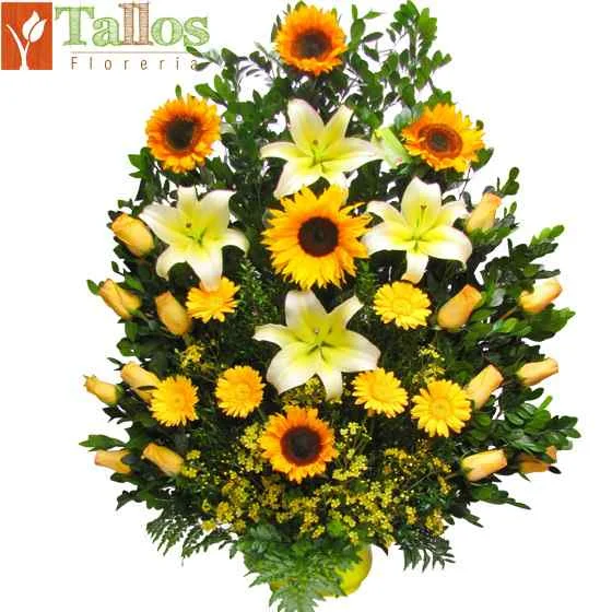 arreglo floral amarillo con gerveras, girasoles, lirios y rosas para regalo delivery de flores en Lima