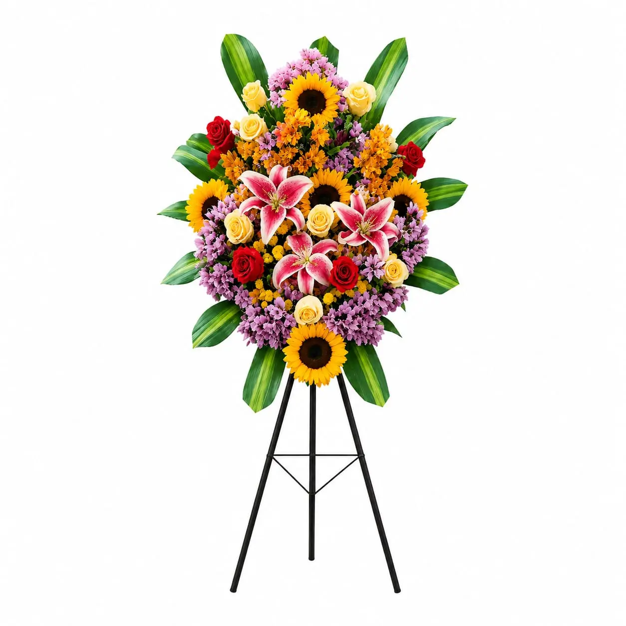 arreglo floral para eventos con rosas de colores girasoles y lirios con entrega en Lima