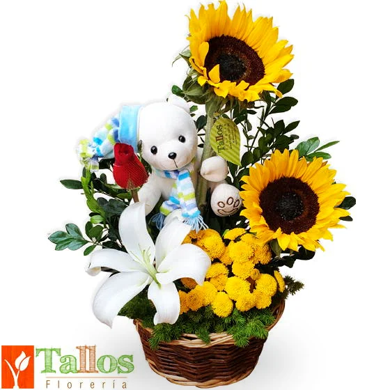 Arreglo floral con girasoles lirios blancos rosas rojas y peluche ideal para regalo de hombre elegante para cumpleaños o sorpresa con delivery en Lima