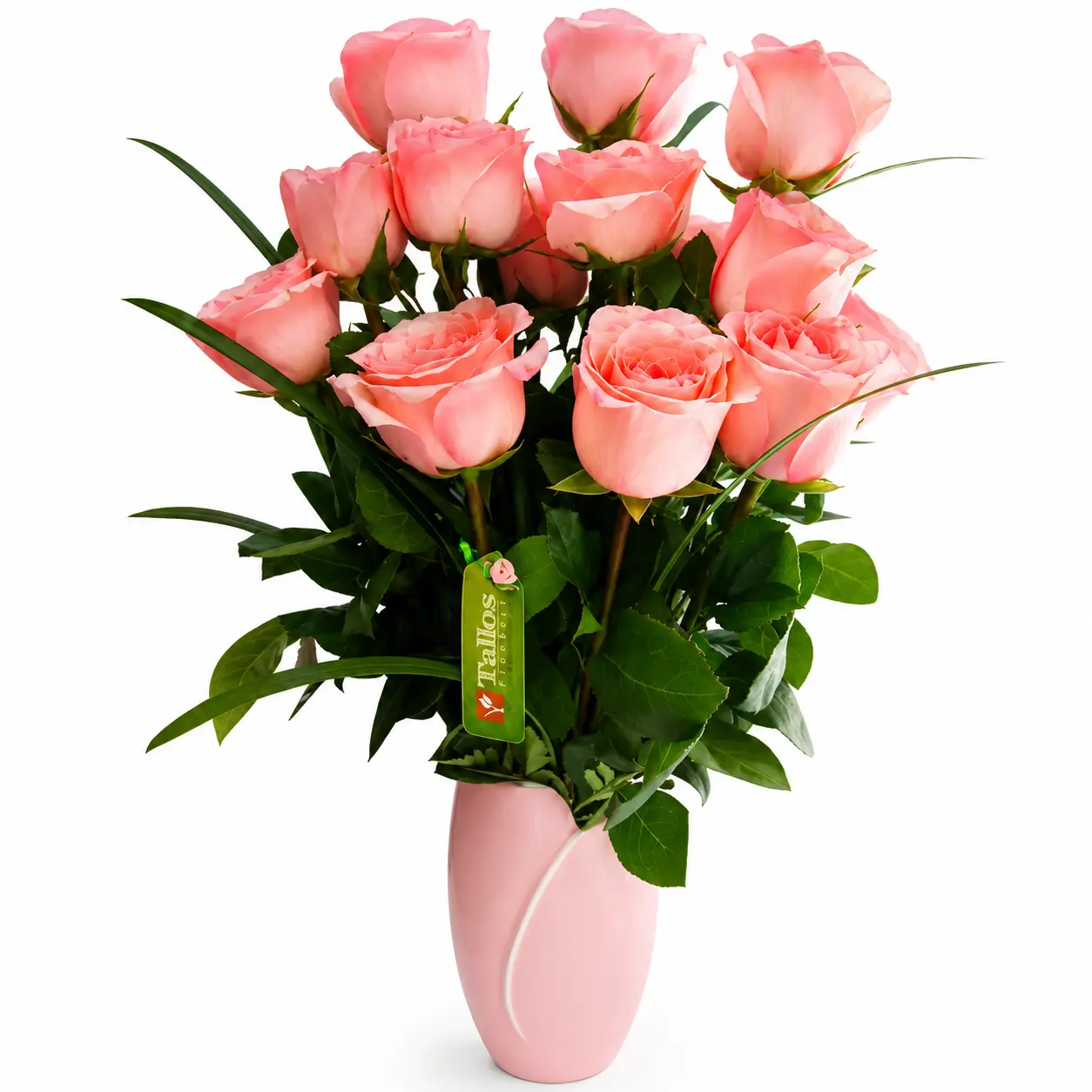 Arreglo floral de rosas rosadas en florero rosado ideal para regalo elegante por cumpleaños aniversario o cualquier ocasión especial con delivery en Lima