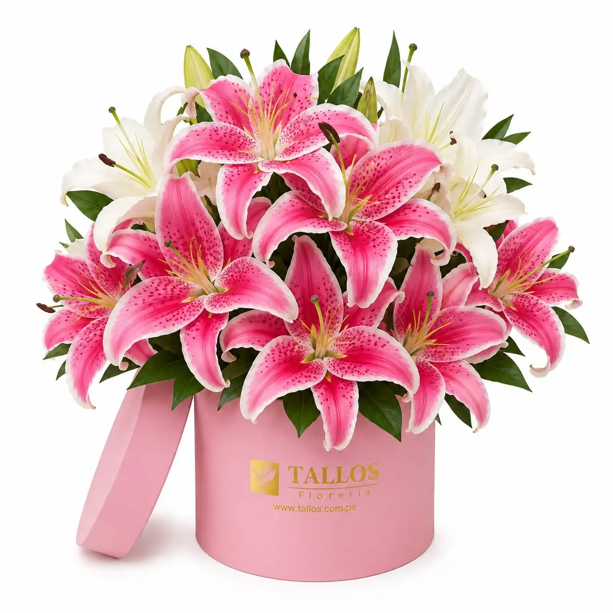 arreglo floral en box rosado con lirios para regalo con entrega en Lima