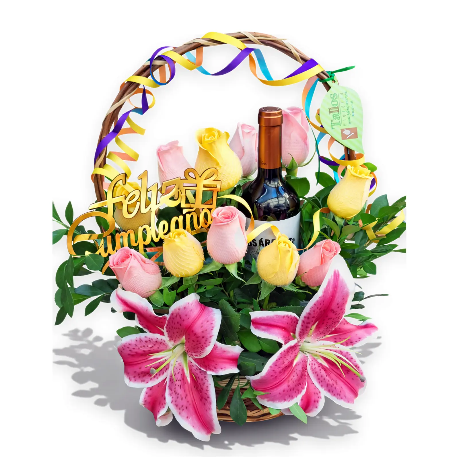 arreglo floral con rosas de colores lirios y vino Navarro Correas para cumpleaños entrega a domicilio en Lima