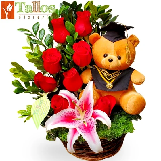 arreglo floral de rosas con peluche para graduación delivery de flores en Lima