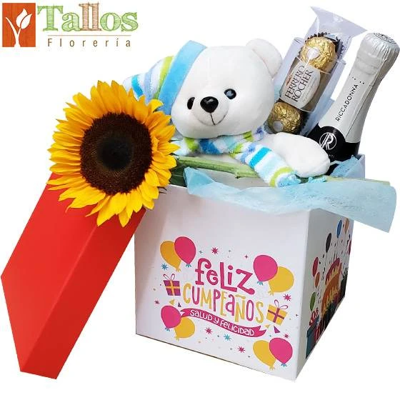 caja con peluche girasol y espumante para cumpleaños con entrega en Lima