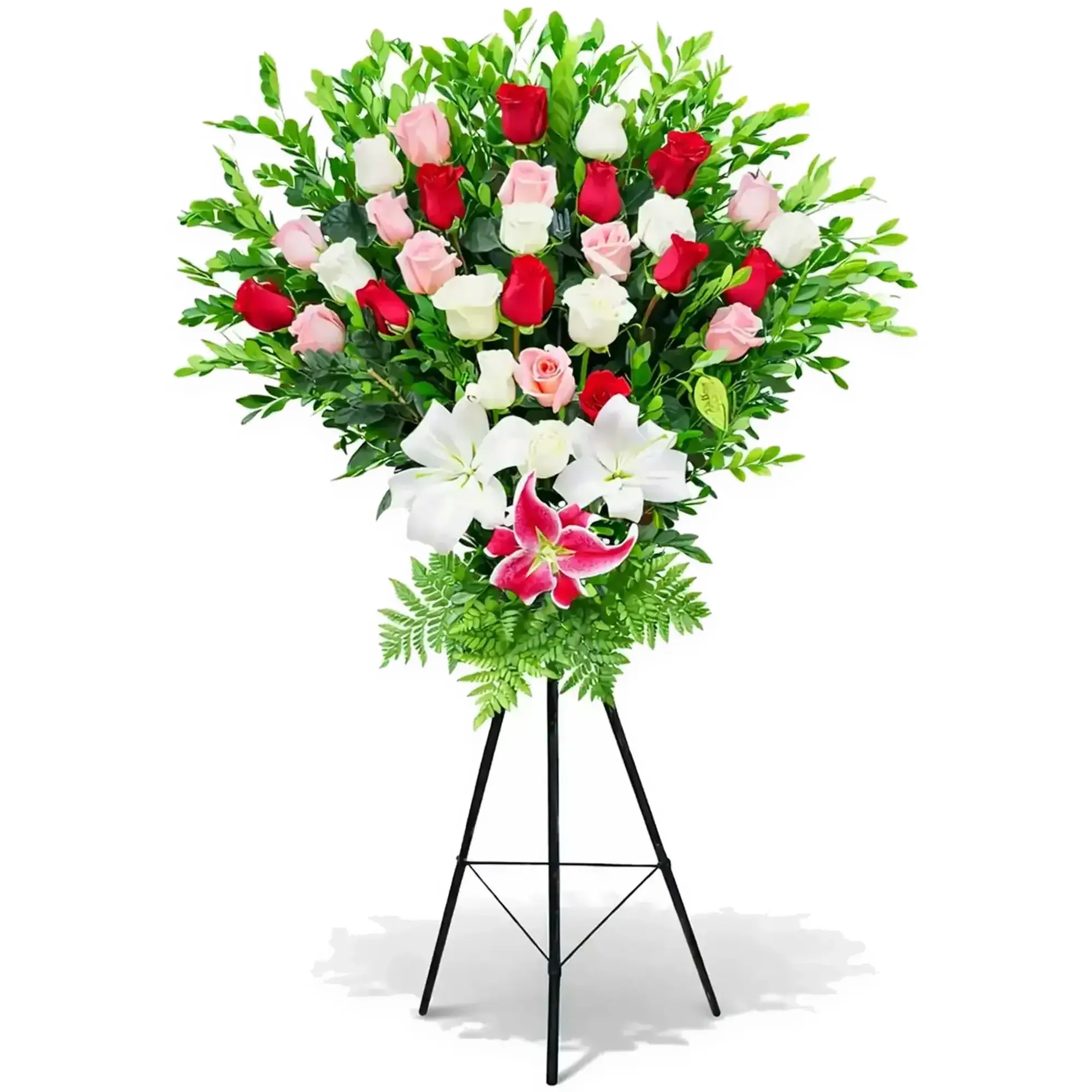 Arreglo floral para eventos con rosas rojas blancas y rosadas con lirios blancos y rosados elegante ideal para decoración con delivery en Lima