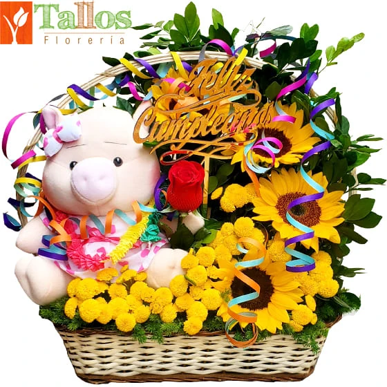 canasta con rosas y girasoles con peluche para cumpleaños con entrega en Lima