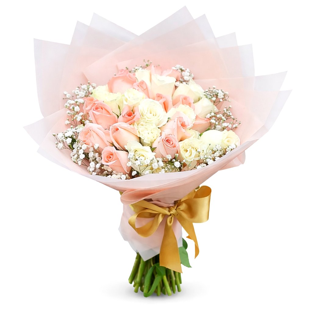 Ramo buchón de rosas rosadas y blancas para regalo de amor romántico elegante y abundante ideal para sorprender con entrega a domicilio en Lima