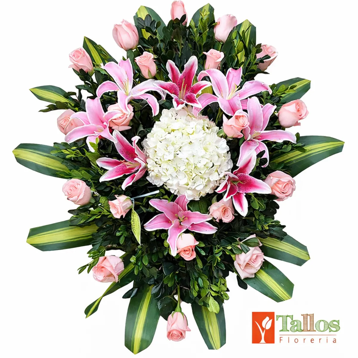 Arreglo floral de piso rosado para velorio con rosas rosadas lirios rosados hortensias y glacenas elegante arreglo de condolencias con entrega a domicilio en Lima