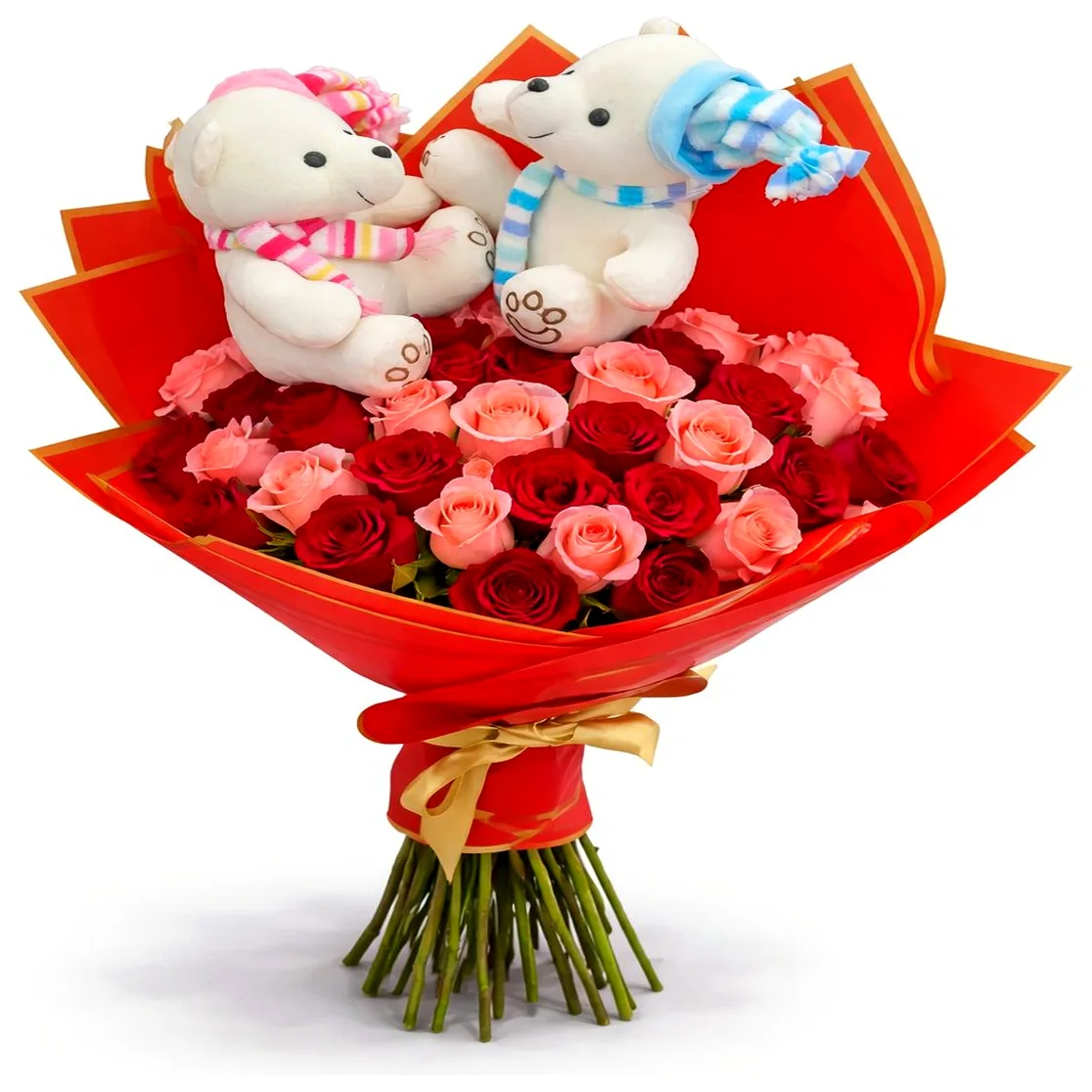 Ramo buchón de rosas rojas y rosadas con pareja de peluches | Disponible para Entrega Hoy en Lima