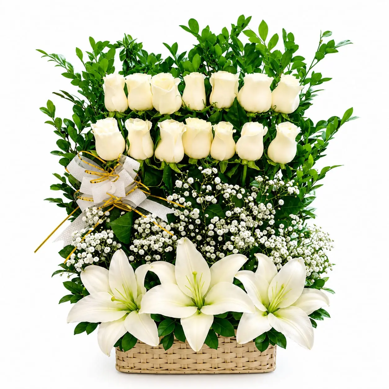 Arreglo floral para velorio con rosas blancas y lirios en canasta elegante de condolencias entrega en Lima