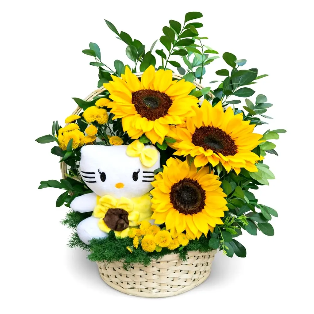 Kitty entre girasoles con peluche para regalo especial delivery de flores en Lima