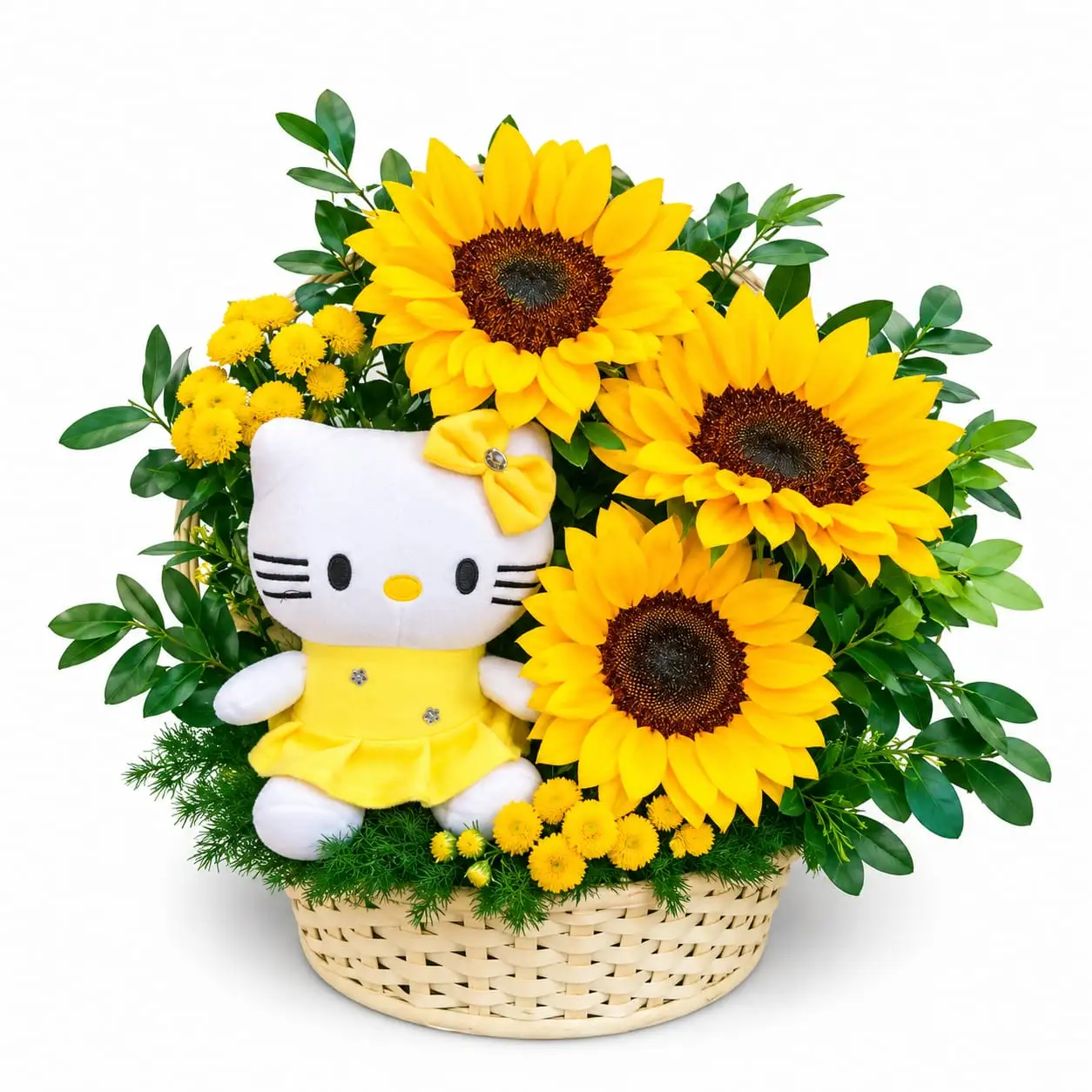 Kitty entre girasoles con peluche para regalo especial delivery de flores en Lima