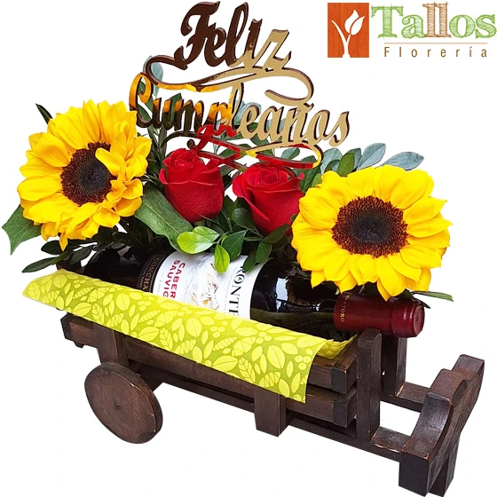 porta vino de cumpleaños con flores para regalo especial delivery de flores en Lima
