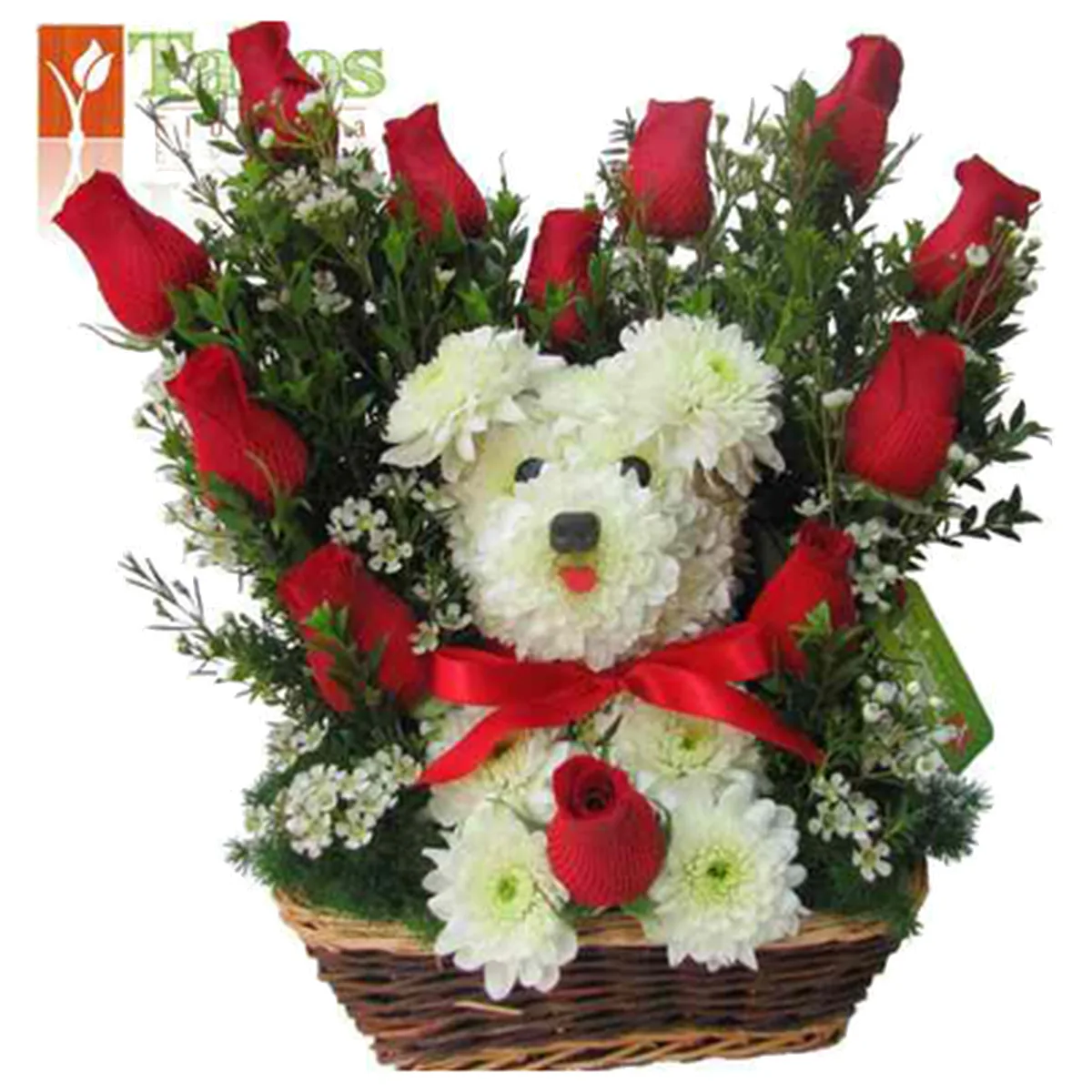 cachorrito en corazón de rosas para regalo romántico delivery de flores en Lima