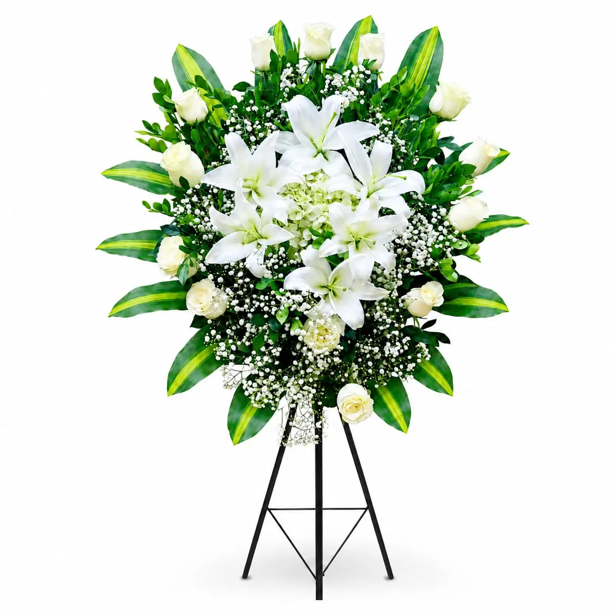 Arreglo floral de condolencias con rosas blancas y lirios para velorios elegante y sobrio con entrega a domicilio en Lima