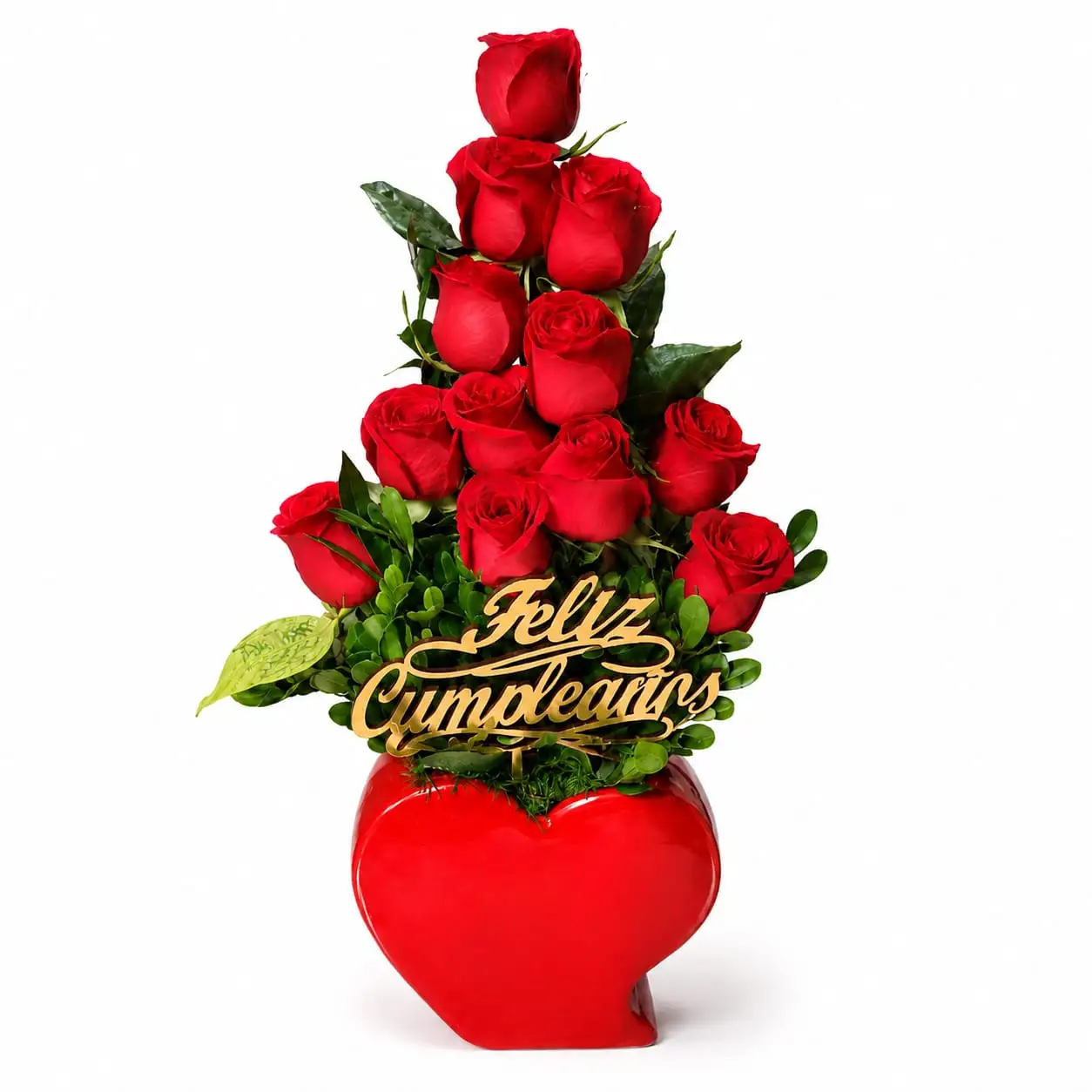 feliz cumpleaños con rosas rojas en corazón para regalo de cumpleaños delivery de flores en Lima