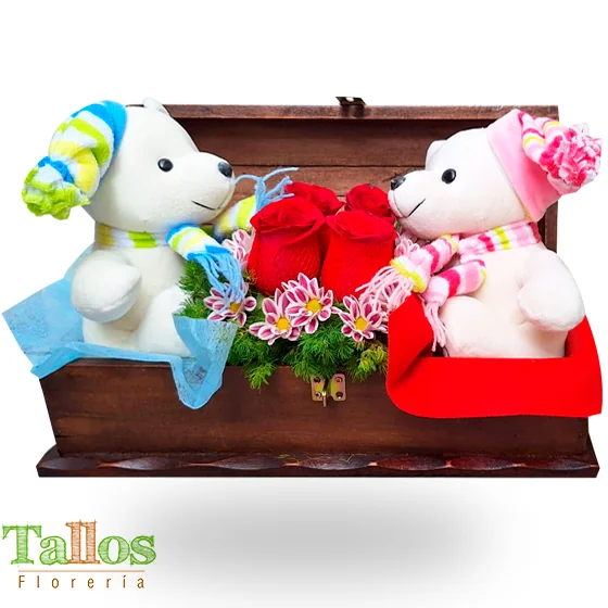 baúl con pareja de peluches para regalo romántico delivery de flores en Lima