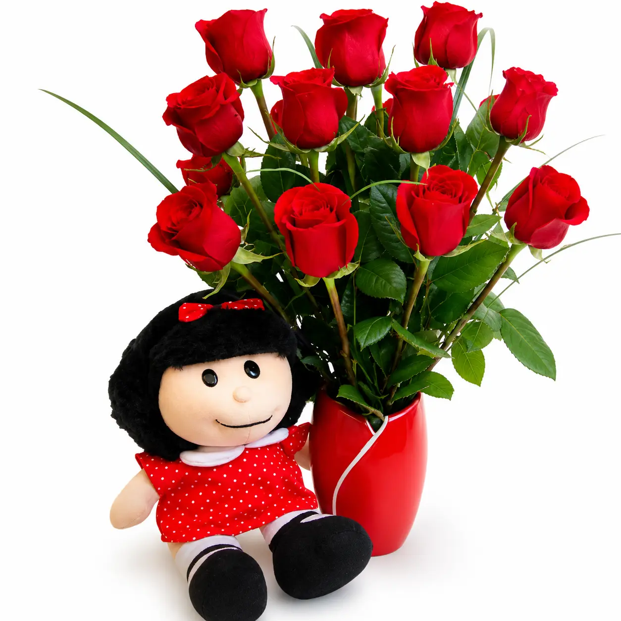 peluche de Mafalda con rosas rojas para regalo romántico delivery de flores en Lima