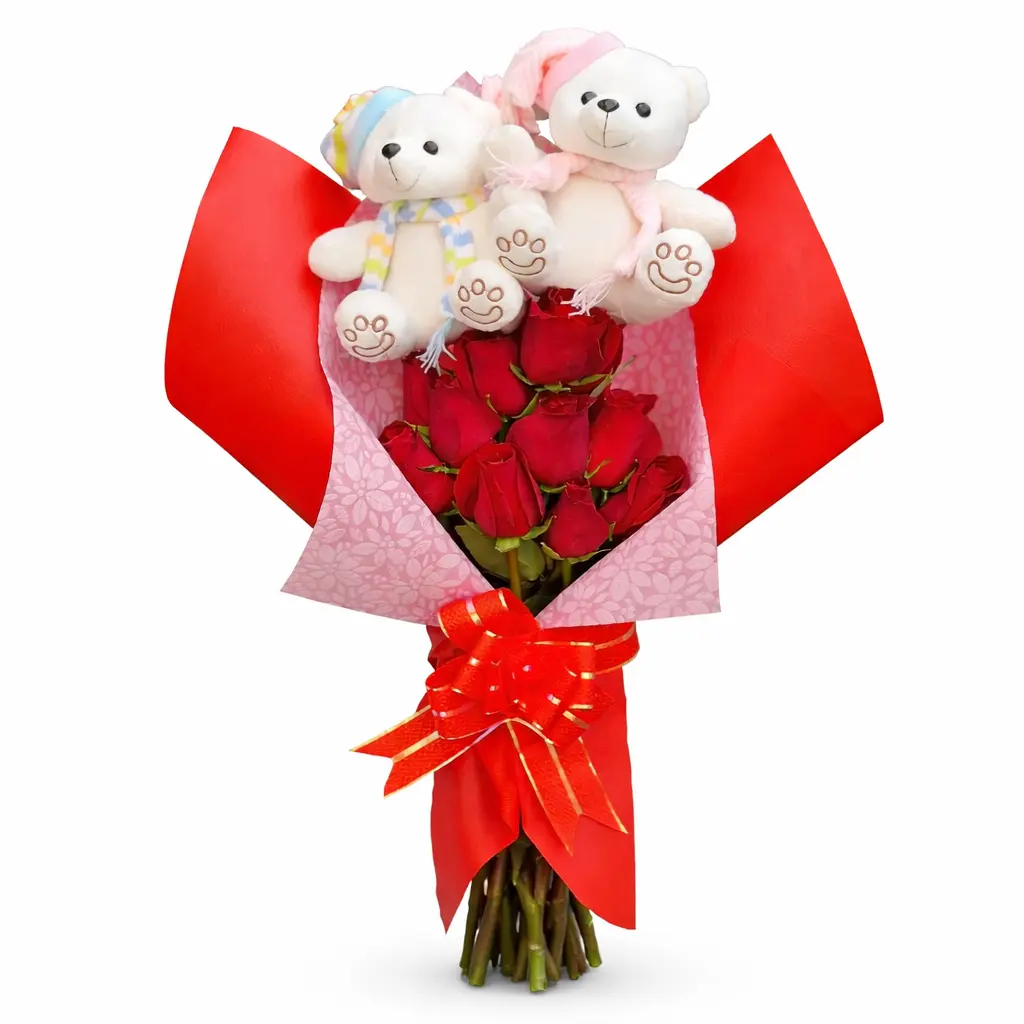 pareja de ositos en ramo de rosas rojas para regalo romántico delivery de flores en Lima