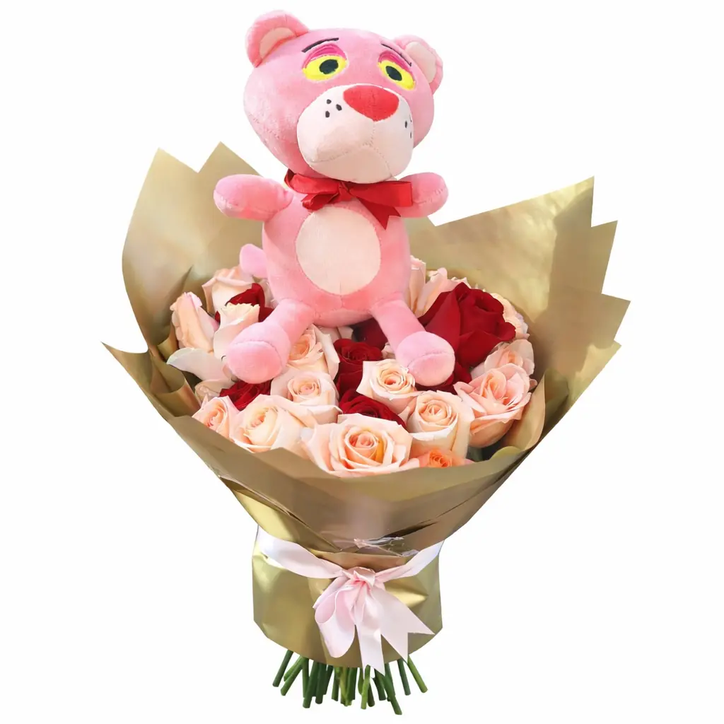 ramo buchón con Pantera Rosa y rosas rojas para regalo romántico delivery de flores en Lima