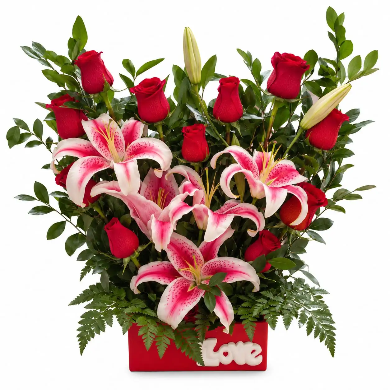 love de rosas y lirios rosados para regalo romántico delivery de flores en Lima
