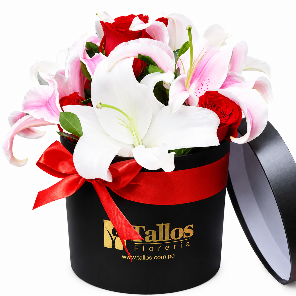 box floral de rosas rojas y liliums para regalo romántico delivery de flores en Lima