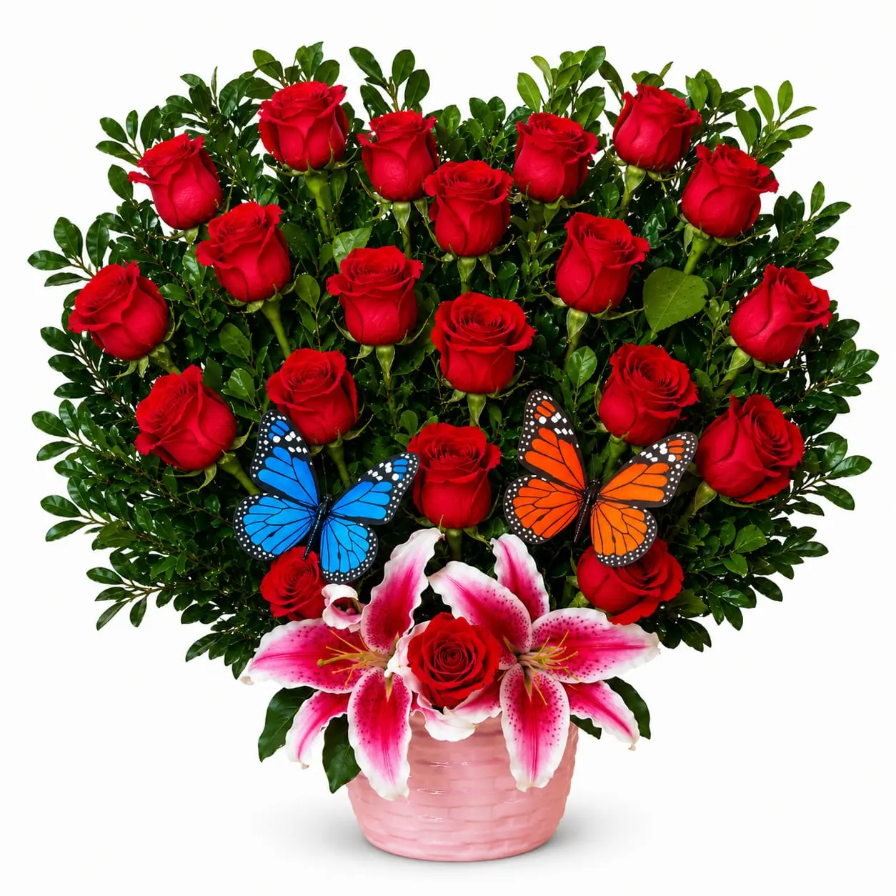 corazón de rosas rojas con mariposas para regalo romántico delivery de flores en Lima