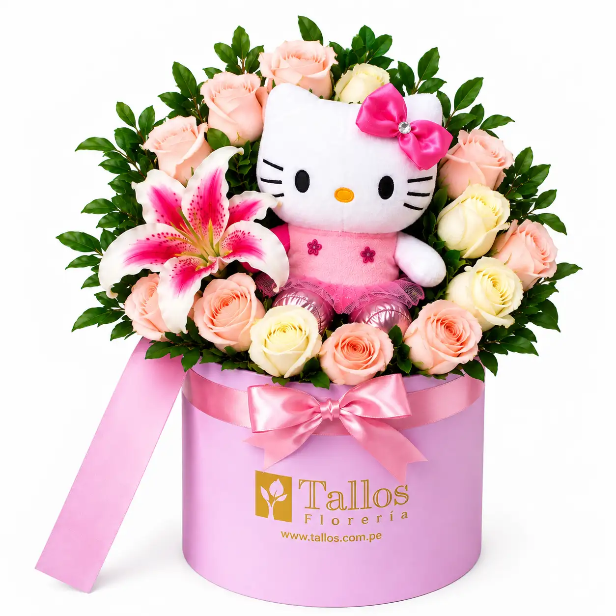 box de rosas rosadas y blancas con peluche para regalo especial delivery de flores en Lima
