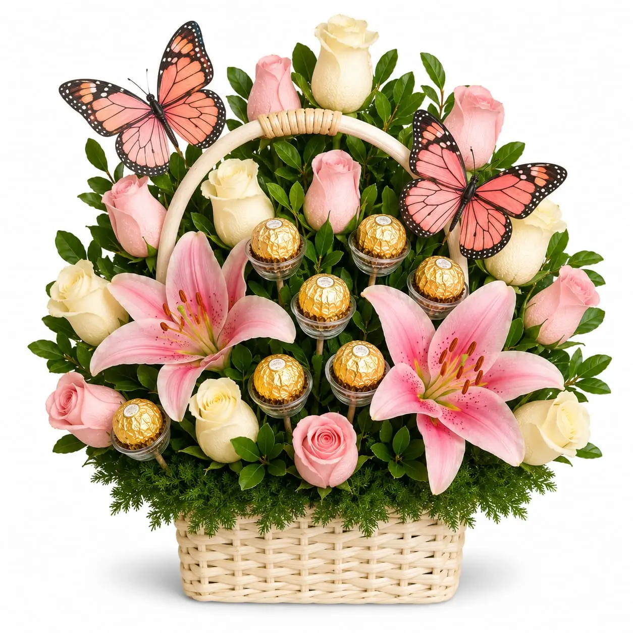 canasta de rosas y lirios con chocolates para regalo elegante delivery de flores en Lima
