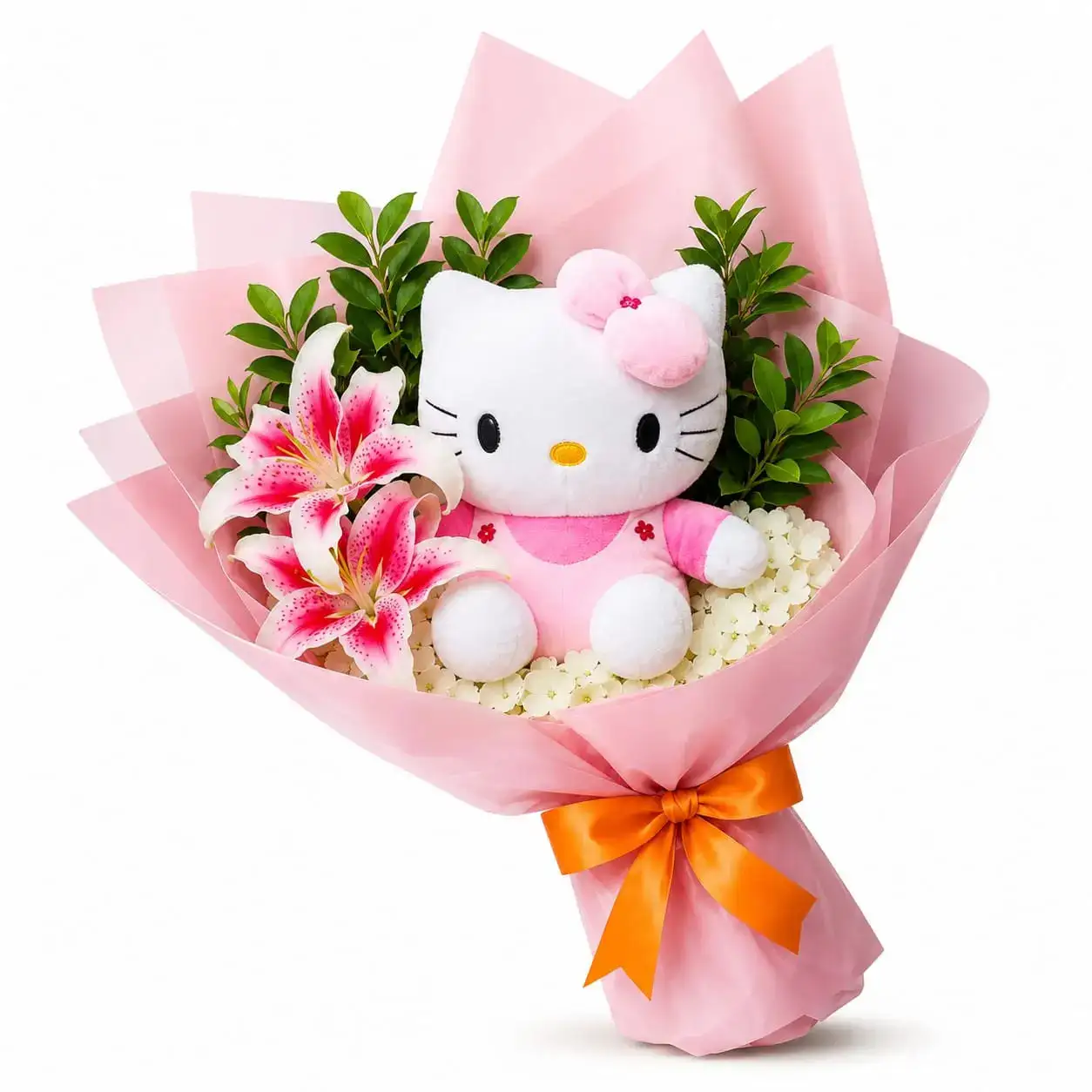 ramo floral de lirios rosados con hortensias y peluche Hello Kitty para regalo especial delivery de flores en Lima