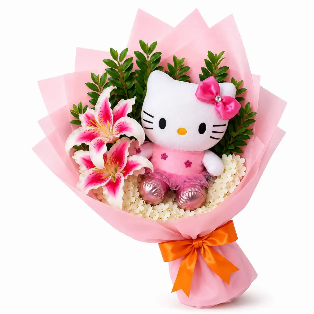 ramo floral de lirios rosados con hortensias y peluche Hello Kitty para regalo especial delivery de flores en Lima