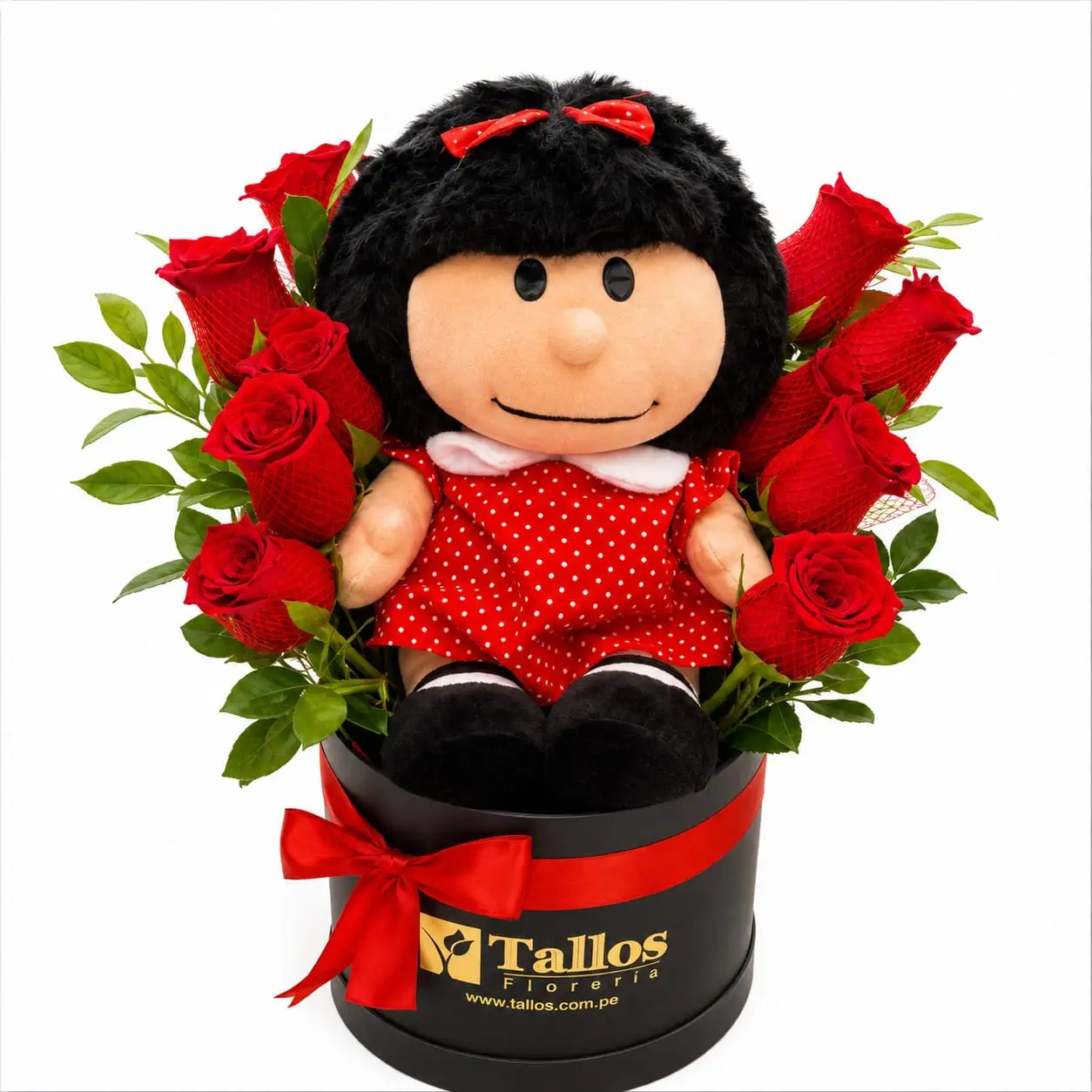 box de rosas rojas con peluche Mafalda para regalo especial delivery de flores en Lima