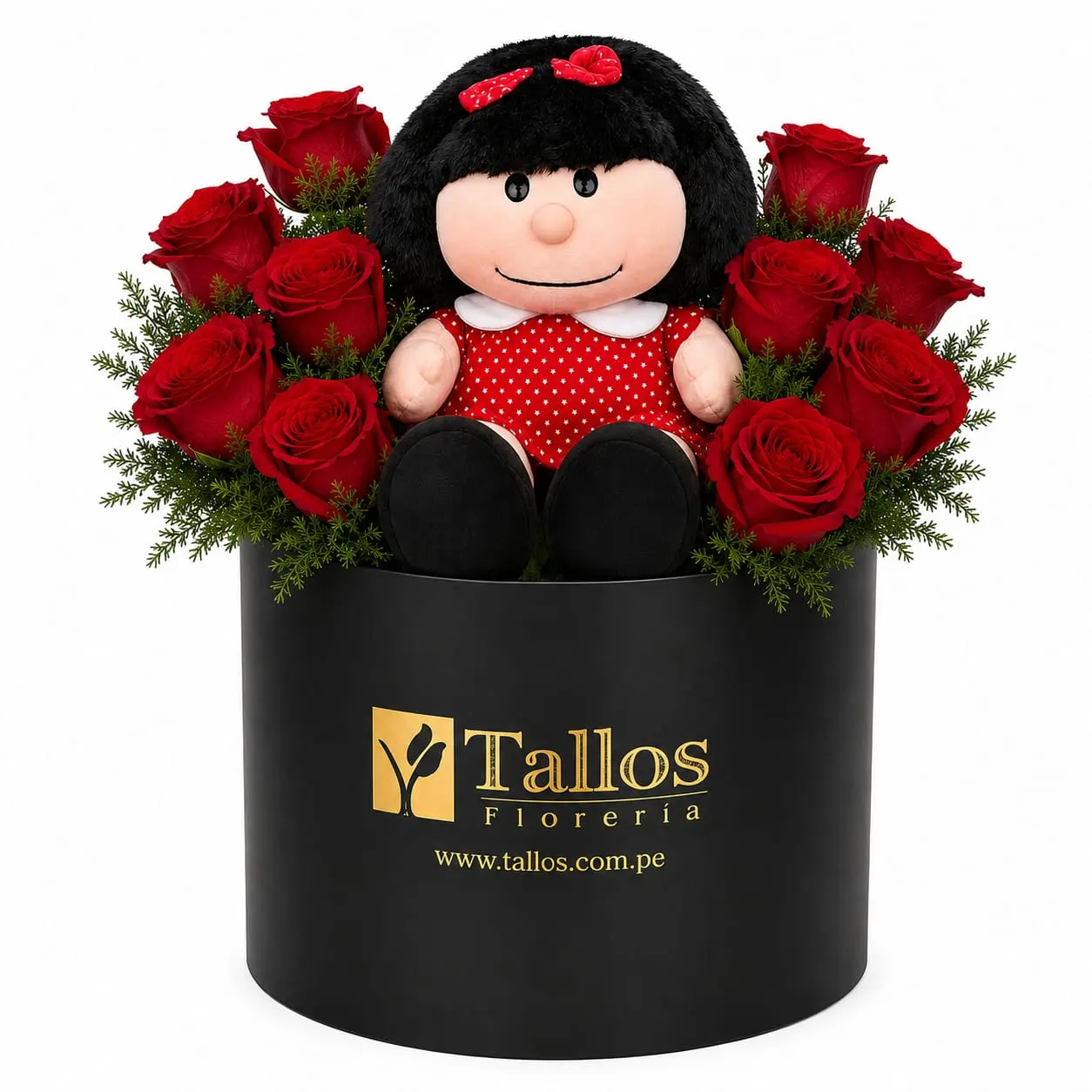 box floral de rosas rojas con Mafalda para regalo especial delivery de flores en Lima