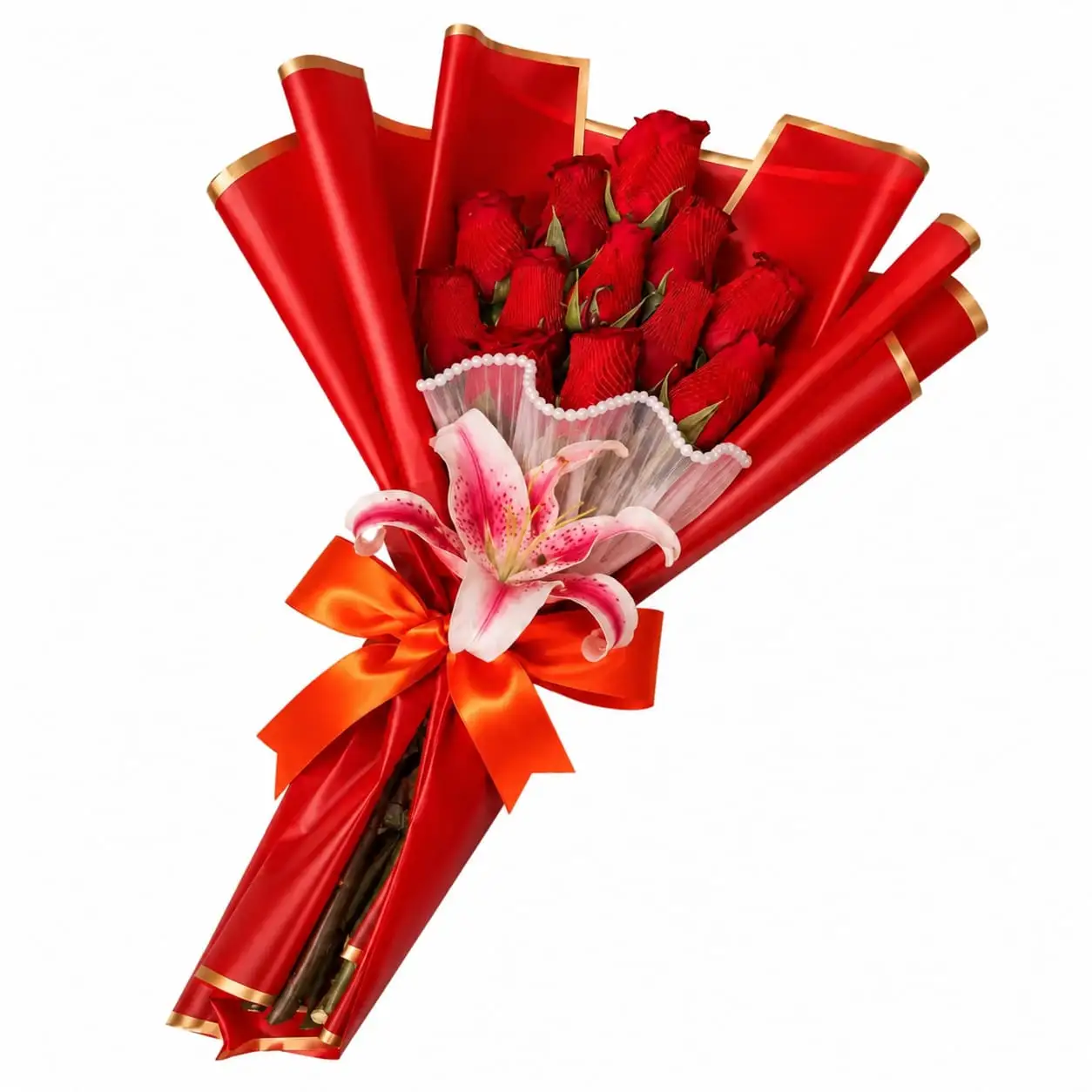 ramo de 12 rosas rojas con lirio rosado para regalo especial delivery de flores en Lima