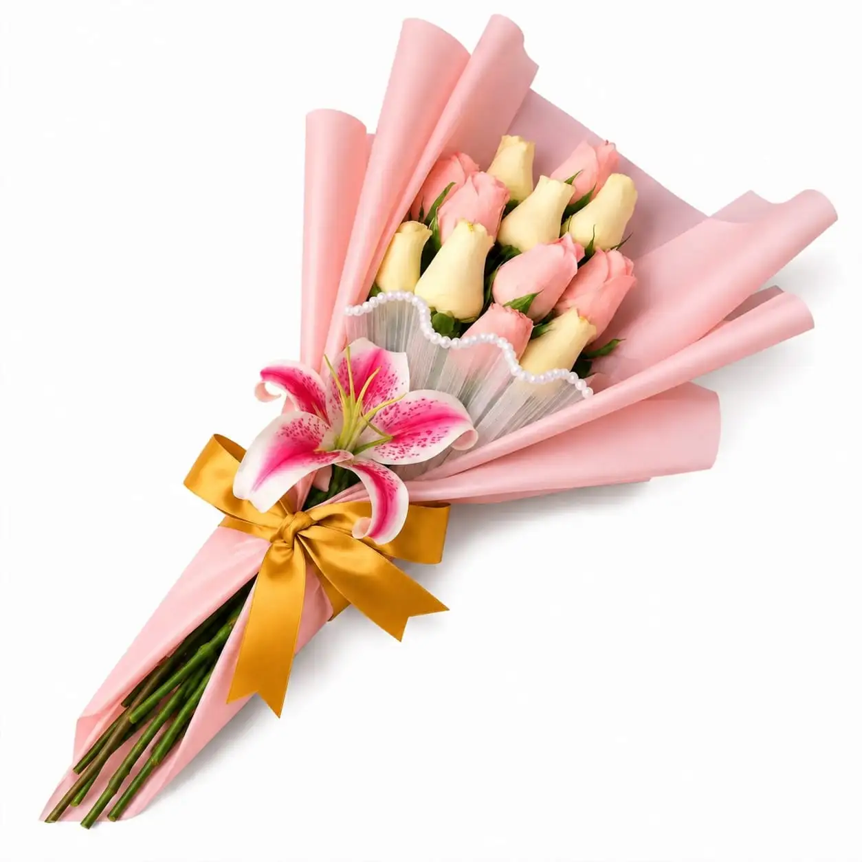 ramo de rosas rosadas y blancas con lirio para regalo elegante delivery de flores en Lima