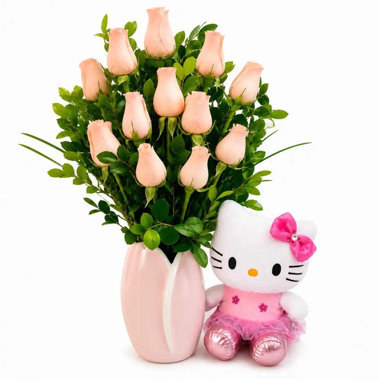 arreglo de rosas rosadas con peluche Hello Kitty para regalo especial delivery de flores en Lima