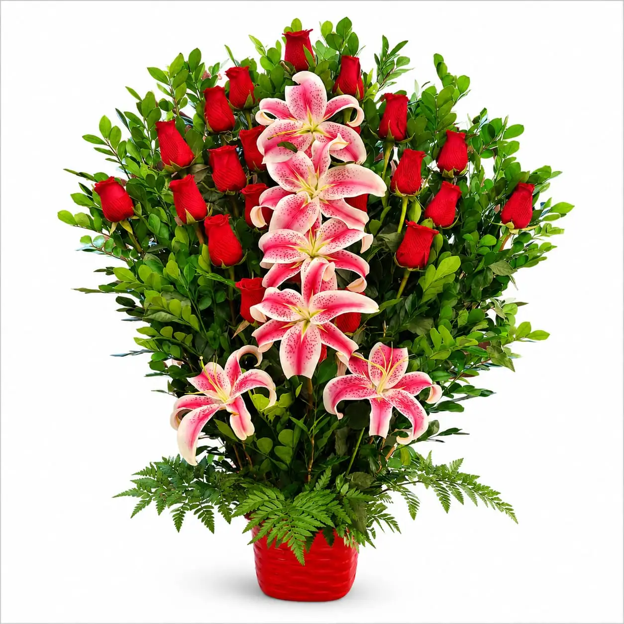 arreglo de rosas rojas con lirios rosados para regalo elegante delivery de flores en Lima