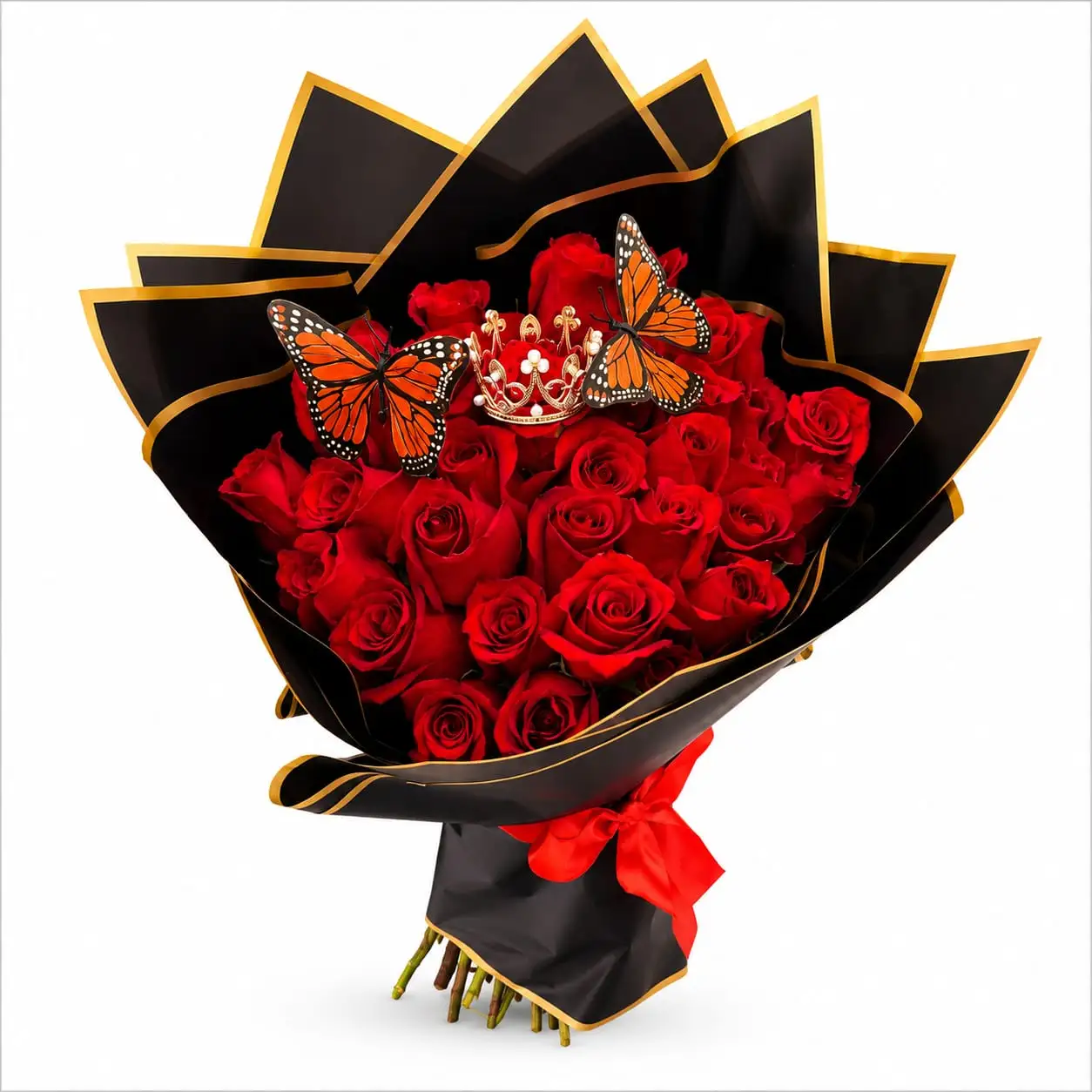 ramo buchón de rosas rojas con corona y mariposas para regalo especial delivery de flores en Lima