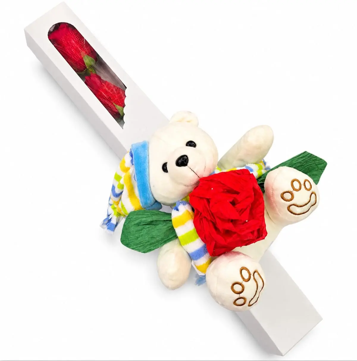 caja de 2 rosas rojas con peluche para regalo económico delivery de flores en Lima