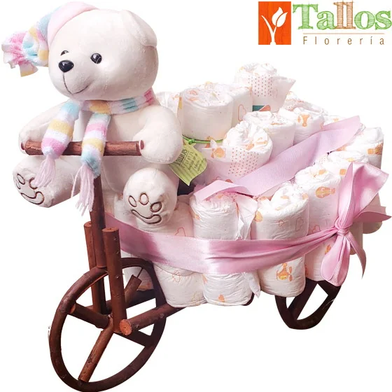 carreta de pañales para niña con peluche para baby shower con entrega en Lima