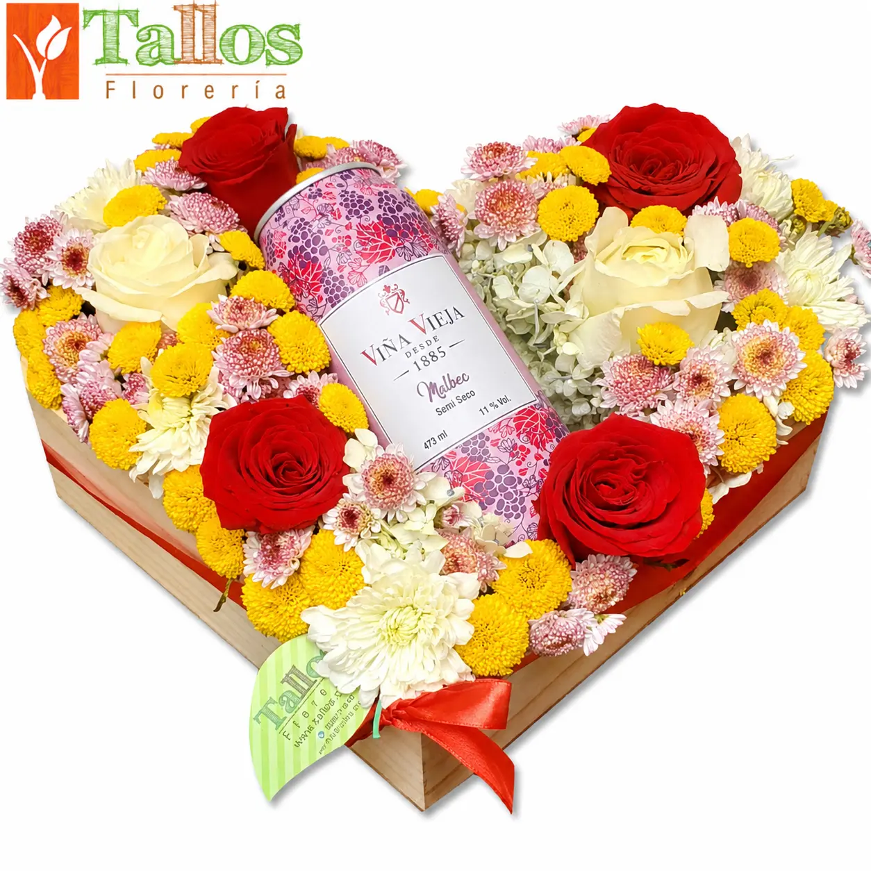 arreglo en corazón con vino para regalar detalle elegante y romántico con delivery de flores en Lima