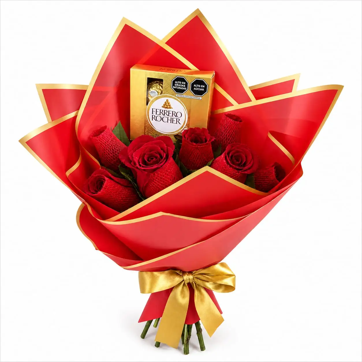 ramo sorpresa con rosas rojas y chocolates Ferrero Rocher para regalar con delivery de flores en Lima