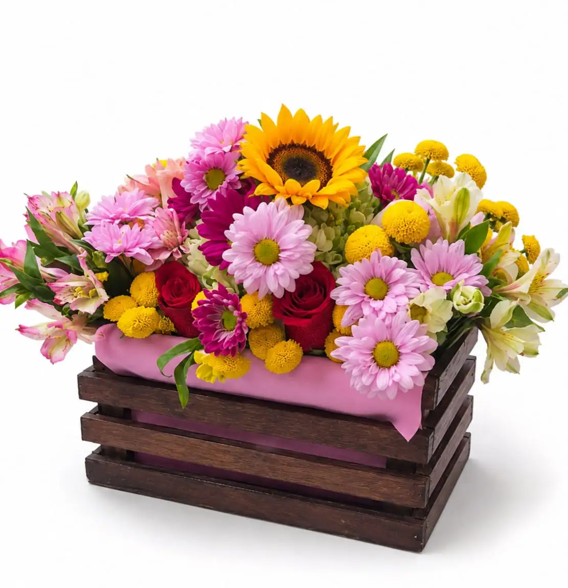 arreglo floral en cajón de madera fina para regalar con delivery de flores en Lima