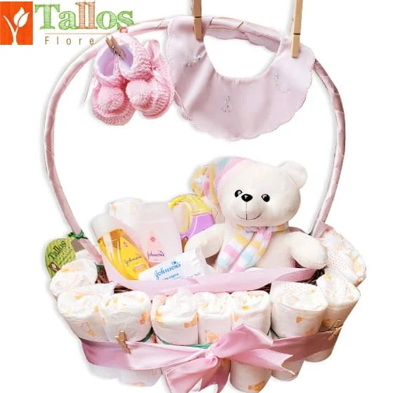 canasta de pañales para niña con peluche para baby shower con entrega en Lima