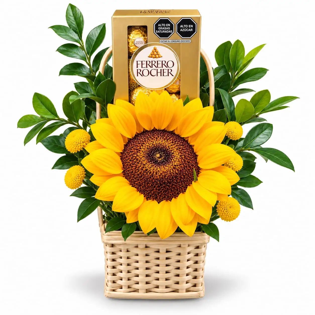 canasta con girasol y chocolates para regalar detalle especial con delivery de flores en Lima