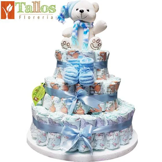 Torta de pañales para niño ideal para baby shower o regalo para clínicas y hospitales elegante y útil con delivery en Lima